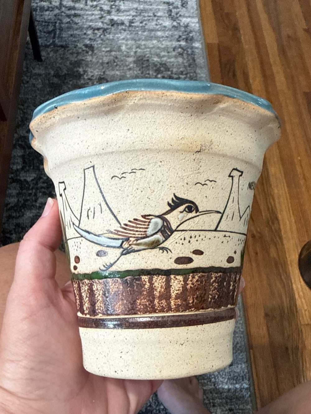 Hand Made and Painted Ceramic Flower Pot with Blue Rim and Roadrunner Motif